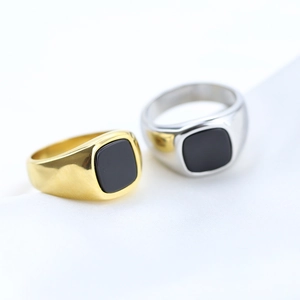Vintage Signet Ring 304 Stainless Steel Square Black Stone Polished Geometric Minimalist Jewelry For Men Women