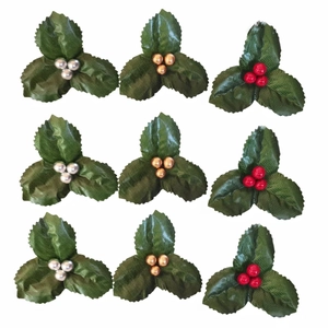 Macro detail of Christmas holly leaves with red, gold, and silver berries in 3x3 grid