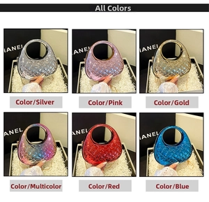 Macro display of shiny quilted evening clutch bags in six vibrant metallic candy colors