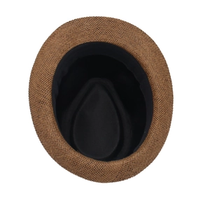 Close-up view of the interior sweatband and fine woven texture of the tan jazz fedora hat
