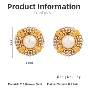 Detail view of 16mm round 316 stainless steel earrings with 18K gold plating and pearls