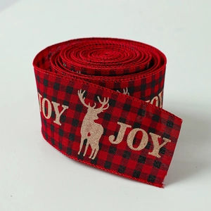 Christmas buffalo plaid ribbon with golden JOY and reindeer patterns for holiday decor