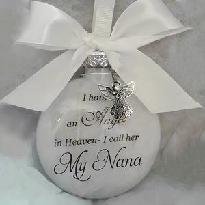 Memorial feather ball ornament with white ribbon and angel wing pendant for My Nana