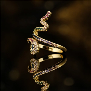 Creative gold snake-shaped open ring with multi-color zircon stones for men and women