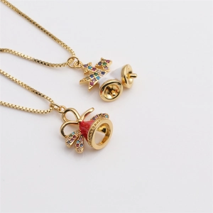 Collier Pendentif Cloche De Noël Boîte Cadeau Cuivre Plaqué Or Zircons Colorés Émail Bijoux De Fête Pour Femmes