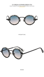 Front and side views of punk round sunglasses with green leopard frame and gradient tea lenses
