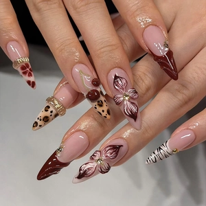 Long Almond Press On Nails Leopard Print French Style 3D Floral Decoration Elegant False Nails For Women