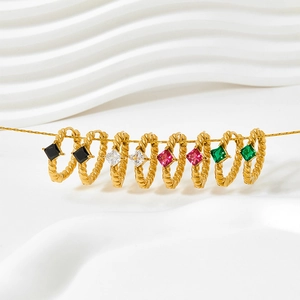 Vintage Square Zircon Twisted Hoop Earrings For Women Geometric Stainless Steel Retro Emerald Green White Black Jewelry