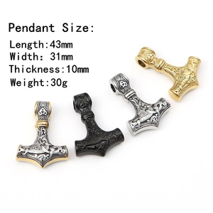 Detailed size specifications for stainless steel Mjolnir pendants in four colors