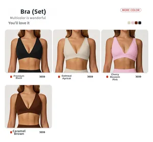 Détail d'un ensemble de soutien-gorge de sport en noir, avoine, rose cerisier et caramel