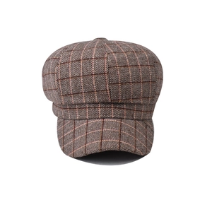 Classic brown plaid octagonal beret cap for women, front view of stylish checkered newsboy hat