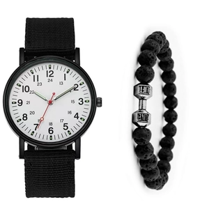 Montre minimaliste avec bracelet nylon noir et ensemble de bracelet haltère en lave