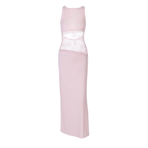 Close-up of pink lace hollow stitching and cut-out detail on a sleeveless maxi dress