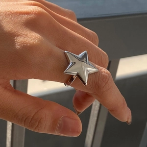 Minimalist polished silver star open ring featuring a bold convex pentagram design