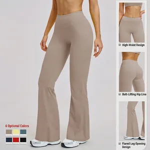 High-waisted flared yoga pants for women with butt-lifting design in khaki brown color