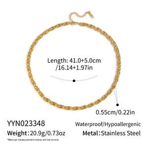 Detailed technical view of gold braided link necklace with full size and weight measurements
