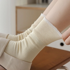 Lace ruffle knit crew socks in cream yellow with contrast trim for women