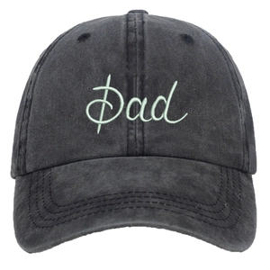 Detailed view of Dad 3D embroidery on washed cotton baseball cap with vintage texture
