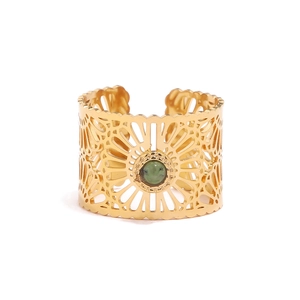 Hollow out gold plated stainless steel ring with a round green natural stone inlay