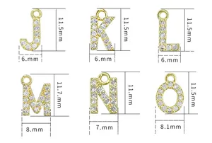 Detailed size chart showing dimensions for J to O gold letter pendant necklaces