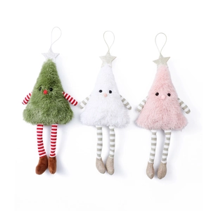 Three plush Christmas tree ornaments in green, white, and pink with long striped legs