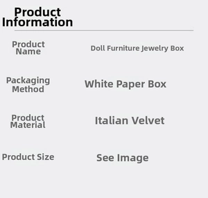 Specifications table for doll furniture jewelry box made with Italian velvet material