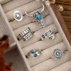 6-piece Western vintage turquoise ring set with bull head and cactus motifs