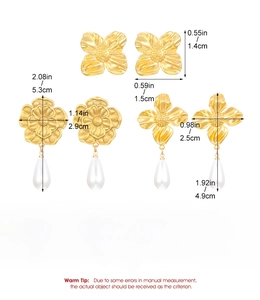 Detailed size and dimension chart for gold stainless steel flower pearl earrings set
