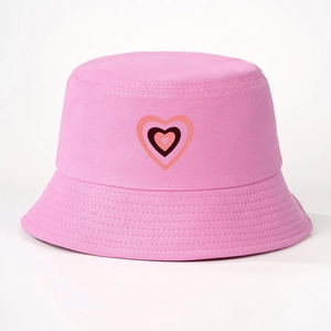 Cappello a secchiello in cotone rosa con motivo a cuore ricamato a tre strati per donna