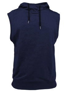 Detail of navy blue sleeveless hoodie fabric texture with drawstring and ribbed hem