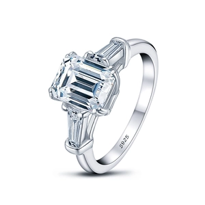 S925 sterling silver ring with 2 carat emerald cut moissanite diamond and side stones