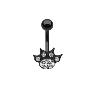 Close-up of black metal belly ring featuring a cat paw design with clear zircon stones