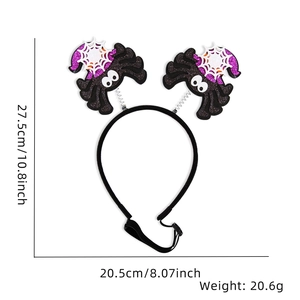Halloween spider headband with glitter details and purple hats showing size 27.5x20.5cm