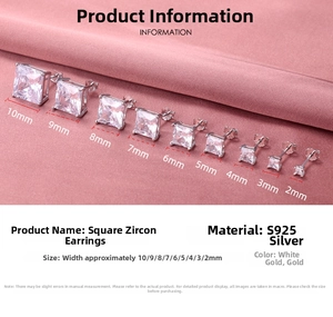 Size comparison of square zirconia studs in S925 sterling silver from 2mm to 10mm