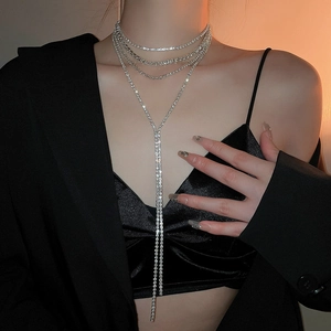 Elegant silver layered rhinestone tassel choker and Y-shaped necklace for women