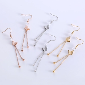 Long butterfly tassel earrings in gold, silver, and rose gold stainless steel metal