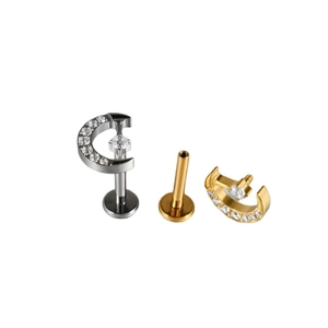 Titanium moon heart lip stud with inlaid cubic zirconia in silver and gold tones