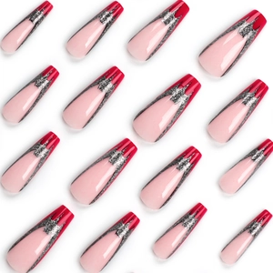 Long red and silver glitter bat style press-on nails set arranged on a white background