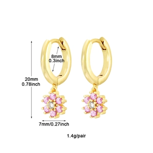 Detailed view of gold earrings with pink zircon flower pendants and size specifications