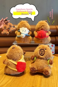 Detail of plush capybara charms wearing sports backpacks with high-quality stitching