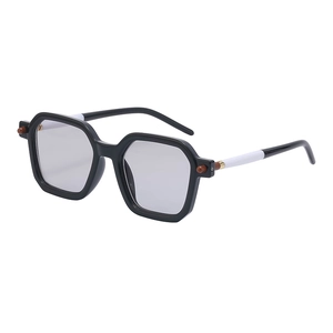 Chic black hexagonal sunglasses with two-tone wood pattern temples and grey lenses