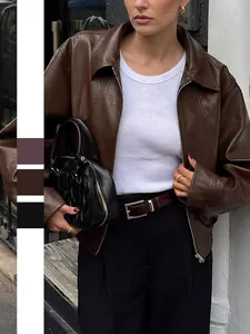 Women PU Faux Leather Jacket Lapel Collar Long Sleeve Zipper Up Solid Color Oversized Biker Coat Streetwear Casual Outwear