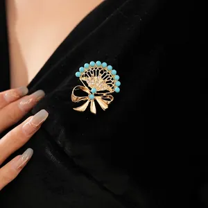 Vintage Fan Shaped Brooch Alloy Pin With Blue Acrylic Beads And Rhinestone Bowknot Design For Women Elegant Accessory
