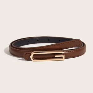 Women's brown vintage skinny belt with golden G-shaped buckle for jeans and trousers