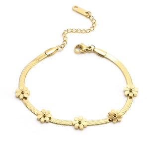 Bracelet chaîne serpent en acier doré orné de cinq élégantes fleurs 3D pour femmes