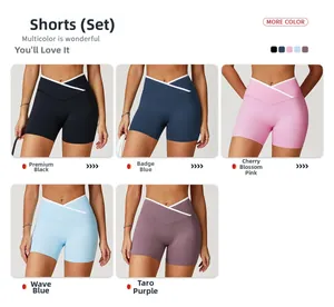 Detail van de high-waisted cross-sportshort in vijf verschillende fitnesskleuren