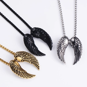 Punk style stainless steel angel wing necklaces in gold, silver, and black colors