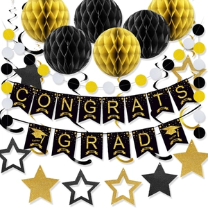 Black and gold graduation party set with Congrats Grad banner and honeycomb balls