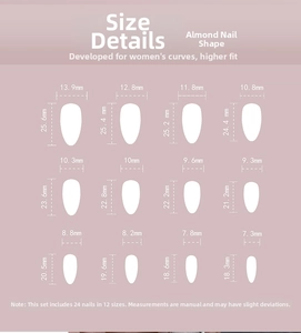 Size chart showing almond press-on nail dimensions from 18.3mm to 25.6mm in length