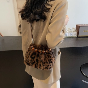 Fashionable leopard print plush bucket bag with amber beads and brown strap for women